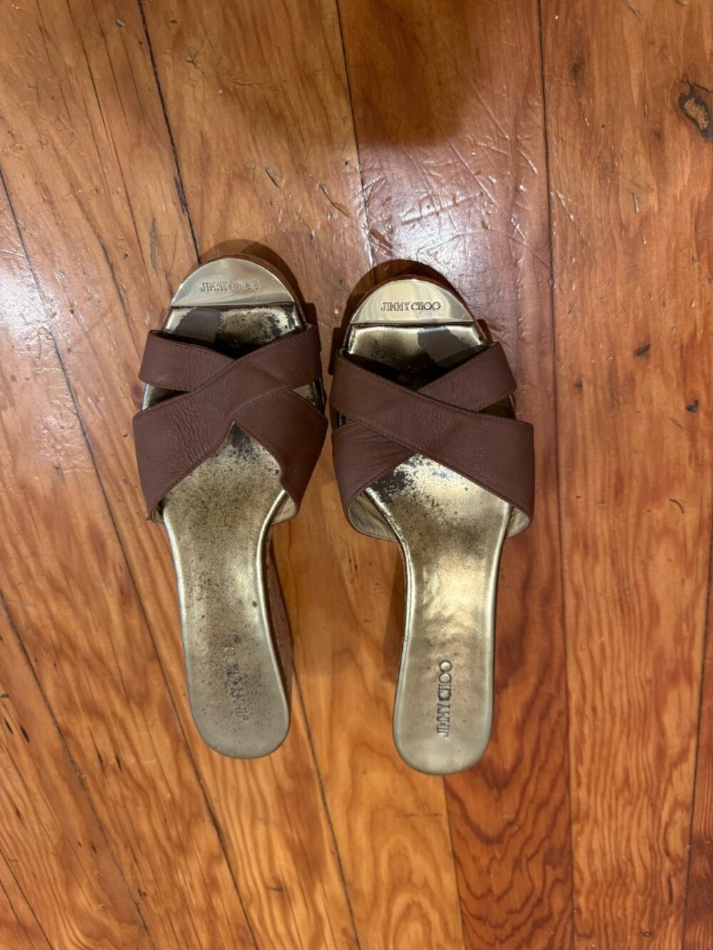 Jimmy Choo Brown Leather Crisscross Cork Wedge Sandals